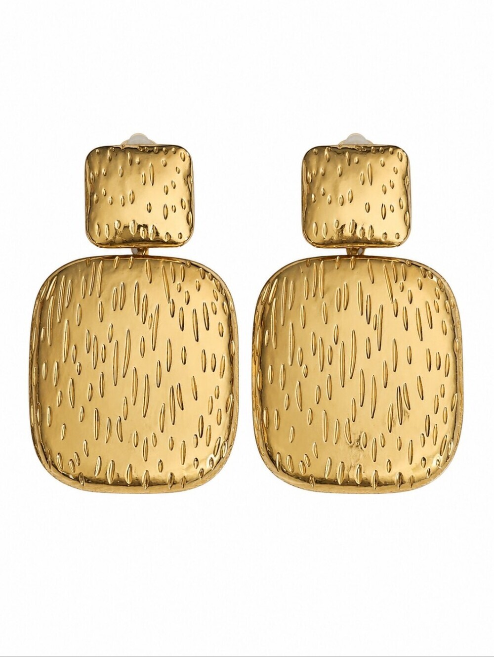 3/$30 Goldtone Textured Double Square Clip-on Drop Earrings